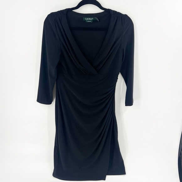 ✅ Lauren Ralph Lauren Surplice Bodycon Ruched Black Midi Sheath Dress Size 8 - Picture 1 of 7